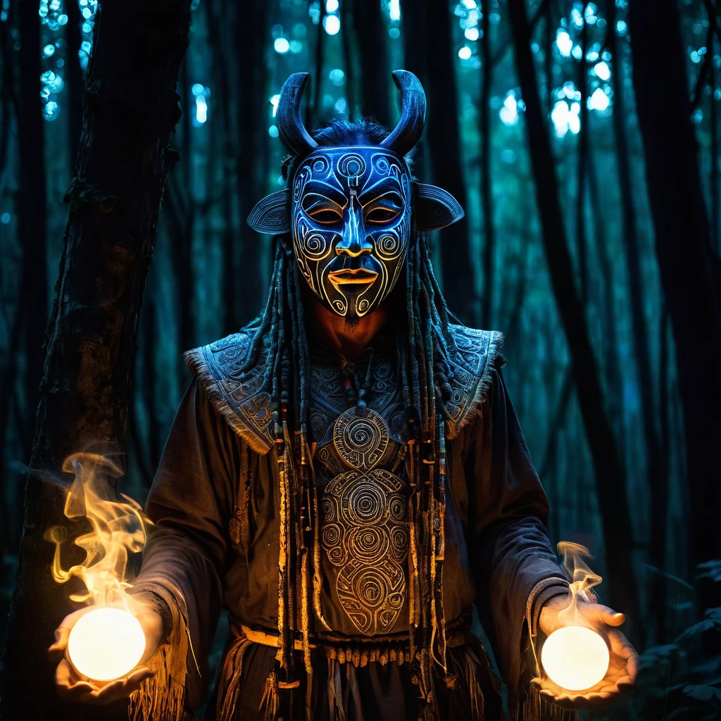 A mystic shaman wearing a mask carved from ancient wood, covered in glowing runes, standing in a dark forest under the full moon, as he channels the spirits of the forest, the mask glowing with ethereal light, cinematic and mystical atmosphere