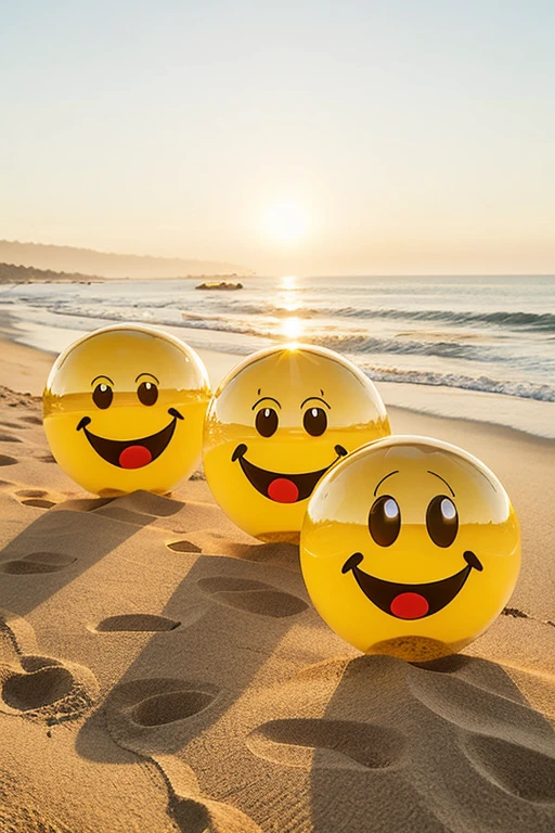 3 emojis in the shape of realistic transparent yellow spheres that have a happy face. May they be at sunset on the beach