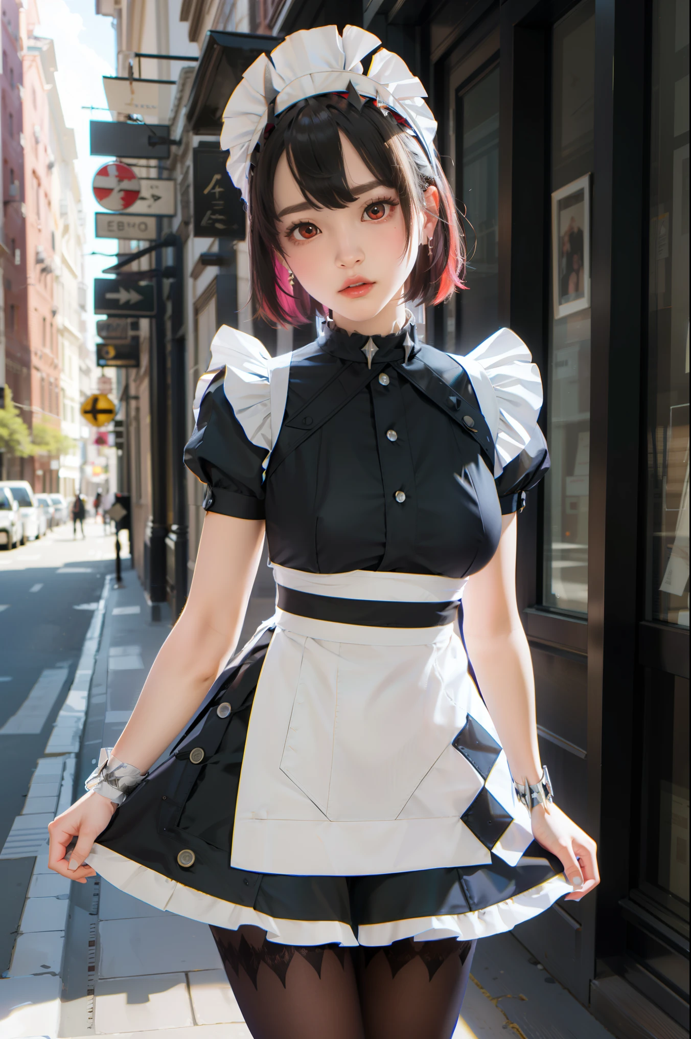 ellenjoe, ellen joe, black hair, colored inner hair, multicolored hair, (red eyes:1.3), red hair, short hair, two-tone hair, ((shark tail))
BREAK bapron, black pantyhose, black shirt, black skirt, ear piercing, fins, fish tail, maid, maid apron, maid headdress, pantyhose, piercing, puffy short sleeves, puffy sleeves, shark girl, shark tail, shirt, short sleeves, skirt, tail, two-tone hair, wrist cuffs,
BREAK outdoors, city, sky, clouds, sun, park
BREAK looking at viewer, (cowboy shot:1.5),
BREAK (masterpiece:1.2), best quality, high resolution, unity 8k wallpaper, (illustration:0.8), (beautiful detailed eyes:1.6), extremely detailed face, perfect lighting, extremely detailed CG, (perfect hands, perfect anatomy),