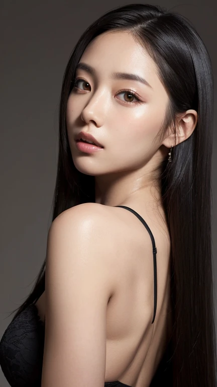 ((surreal、Super detailed image, maybe a photo.,Captures the details of the skin texture of an incredibly beautiful woman..))long straight black hair。random background.