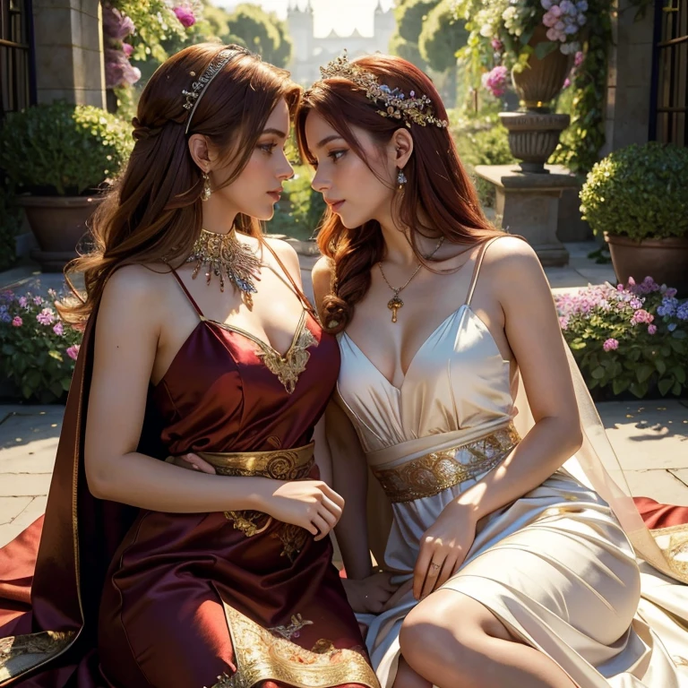 (​masterpiece, best quality:1.5), highest quality, High resolution, super detailed, Realists, Upper body photo of red-haired woman, detailed and beautiful eyes, beautiful detailed lips, very detailed eyes and face, longeyelashes, Woman in long evening dress made of shiny satin fabric, Beautiful and colorful makeup, elegant and noble々Pose,shiny satin headband, Grind, holding flowers, Gardens as background, soft daylight, bright colors, fine brushstrokes, Portrait style, Noble details in the dress fabric, beautiful color palette, glowing skin, First-class rendering, that captures every detail, enchanting atmosphere, subtle shadows and lights, (perfect anatomy:1.2), (The two stunning women lie on a blanket and are deeply in love, grab their crotch:1.4), (kiss:1.2), (magnificent panorama view:1.2)