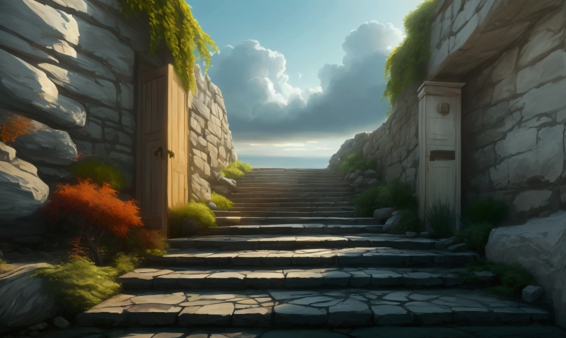 I want a scene of an old staircase, with the seas around this staircase made of stone, At the end of the stairs there is a refined wooden door, a little worn and written "Base kirai kinitsu de nume 06". captured in an ultra-realistic full HD 4K portrait, detailed texture showing its menacing shape, Immersive atmosphere, high definition shadow play, digitalpainting, nevoa no environment. suspense dinner. Poor lighting in the environment.