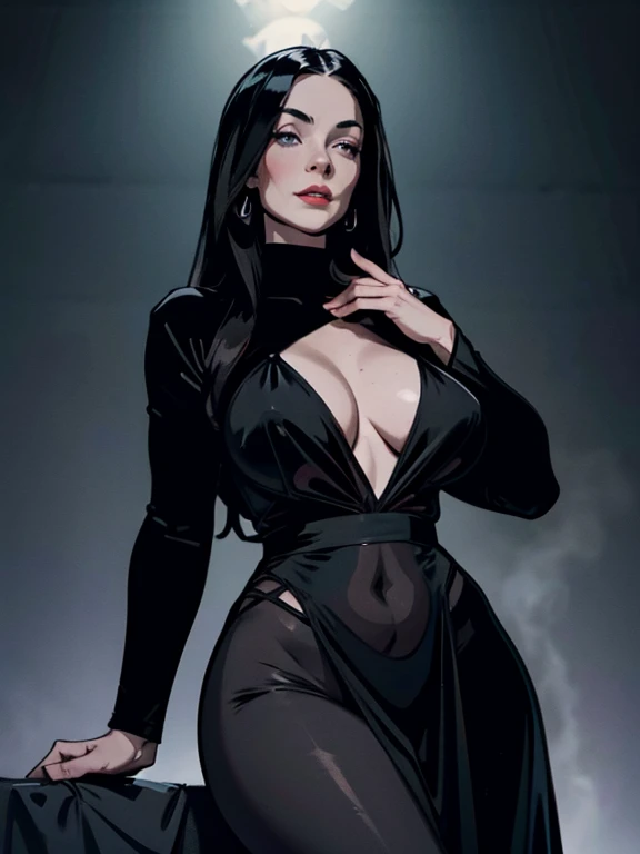 Morticia Addams, wearing tight transparent black dress cleavage showing, pale white skin, black hair, beautiful detailed eyes, luscious big round breasts, slim waist, wide hips, perfect slim body, tight ass, tight buttocks, breasts on display, beautiful detailed hands; PhotoRealistic, Ultrarealistic, highres, 8k, dark cinematic lighting; dark crypt in background, night time,