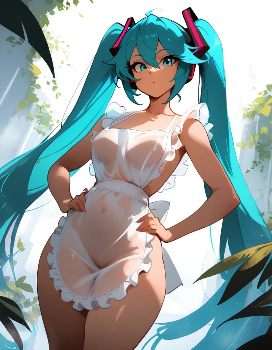 1girl, hatsune miku, vocaloid
\\\\\ masterpiece, best quality, newest ///// nyantcha, khyle, cutesexyrobutts \\\\\ thin waist, solo, cropped legs,, dutch angle,  apron,, transperent, . sky, clouds, outside border, hands on , looking at viewer, greenery, 