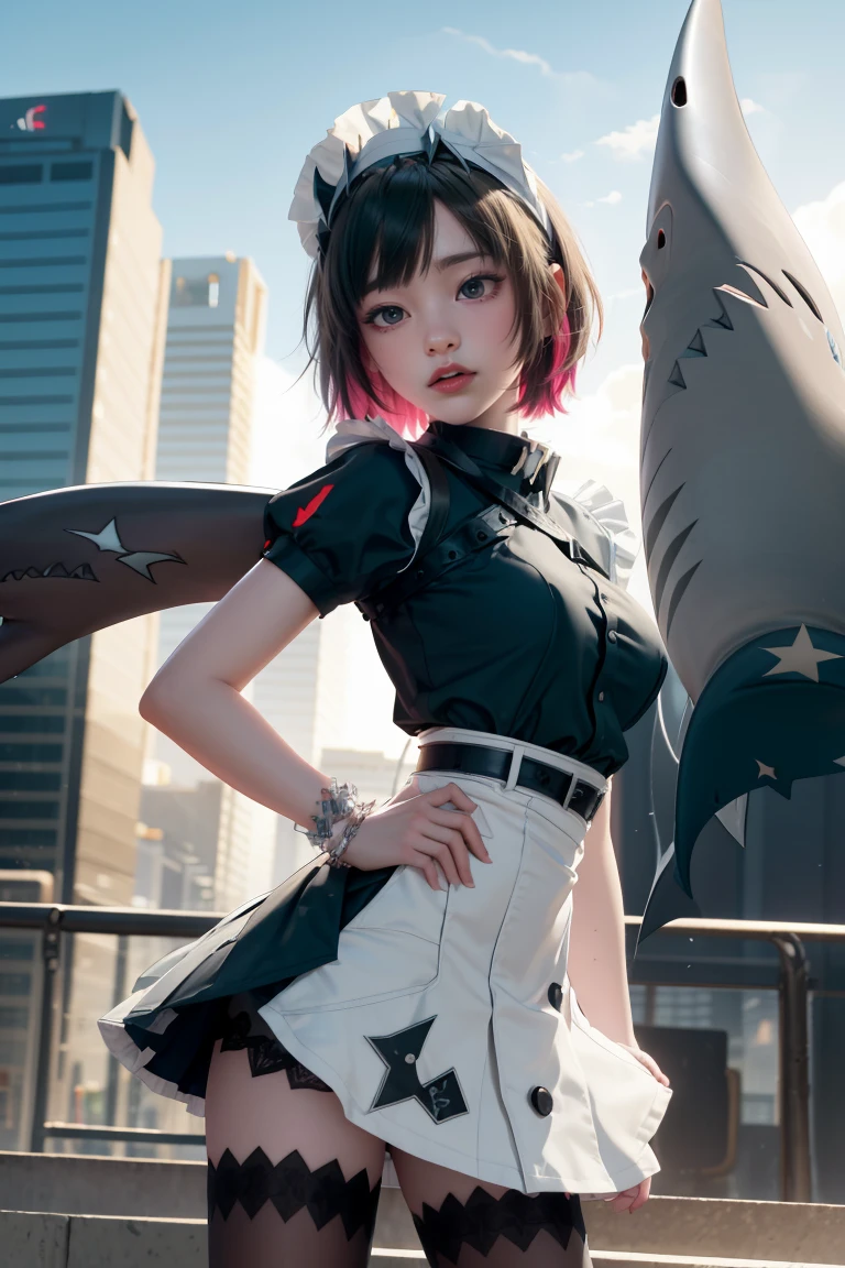 ellenjoe, ellen joe, black hair, colored inner hair, multicolored hair, (red eyes:1.3), red hair, short hair, two-tone hair, ((shark tail))
BREAK bapron, black pantyhose, black shirt, black skirt, ear piercing, fins, fish tail, maid, maid apron, maid headdress, pantyhose, piercing, puffy short sleeves, puffy sleeves, shark girl, shark tail, shirt, short sleeves, skirt, tail, two-tone hair, wrist cuffs,
BREAK outdoors, city, sky, clouds, sun, park
BREAK looking at viewer, (cowboy shot:1.5),
BREAK (masterpiece:1.2), best quality, high resolution, unity 8k wallpaper, (illustration:0.8), (beautiful detailed eyes:1.6), extremely detailed face, perfect lighting, extremely detailed CG, (perfect hands, perfect anatomy),