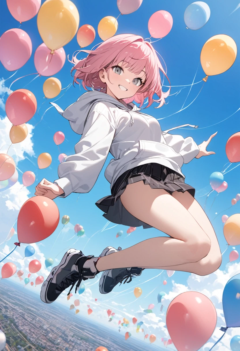 masterpiece, best quality,absurdres ,too many balloon,floating,flying,sky,Pink Hair、Shortcuts、Fair skin、bangs、Grey Eyes、Smile、Dynamic Angle、Full Body、Jumping、Clear skies、Short length hoodie