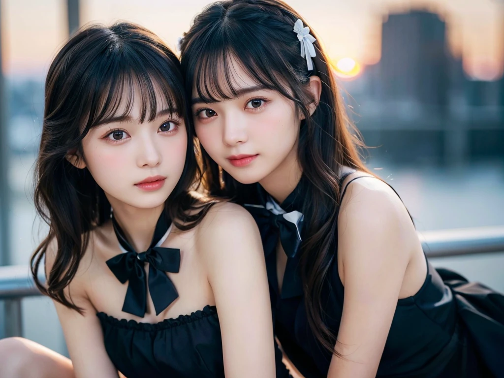 Two beautiful girls,Cheek to cheek,Embrace each other,(8k, RAW Photos, Highest quality, masterpiece:1.2), Super detailed, Ultra-high resolution, (Realistic, photo Realistic:1.37), High-definition RAW color photos, Professional photos, Depth of written boundary, Detailed lips、Beautiful, shining lips, Detailed face、Very delicate and beautiful, Very detailed, In detail, Large file size, Very detailed skin, Very detailed clothing, Two Girls, (18-year-old:1.2), Ten generations, Cute girl, Famous Japanese Idols, Black Hair, (Long Hair:1.2), (Wavy Hair:1.2), (Blunt bangs:1.2), young, Cute face, Baby Face, Realistic face, Beautiful and detailed eyes, Droopy eyes, Big black eyes, Beautiful and clear eyes,Scattered beneath the surface,(blush:0.5), Detailed skin texture, (race:1.2), (Black bow tie:1.1), (Hair Ribbon:1.2), Facing forward, Highest quality,masterpiece:1.3,Ultra-high resolution),(Very detailed,Caustics,8k),(Realistic:1.4,RAW shooting),Looking at the camera,Collarbone Bare Skin,Shoulder Bare Skin,(Face Focus:1.1),(Face close-up:1.1),Sunset,Natural light