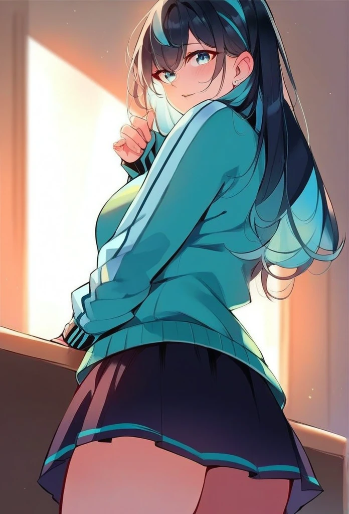 juder_style, score_9, score_8_up, score_7_up, score_6_up, score_5_up, score_4_up, hd, (ultra hd quality details), 8K, 1girl, long hair, Hourglass body, light blue eyes, dark indigo hair, 2d illustration, cyan varsity jacket, black skirt