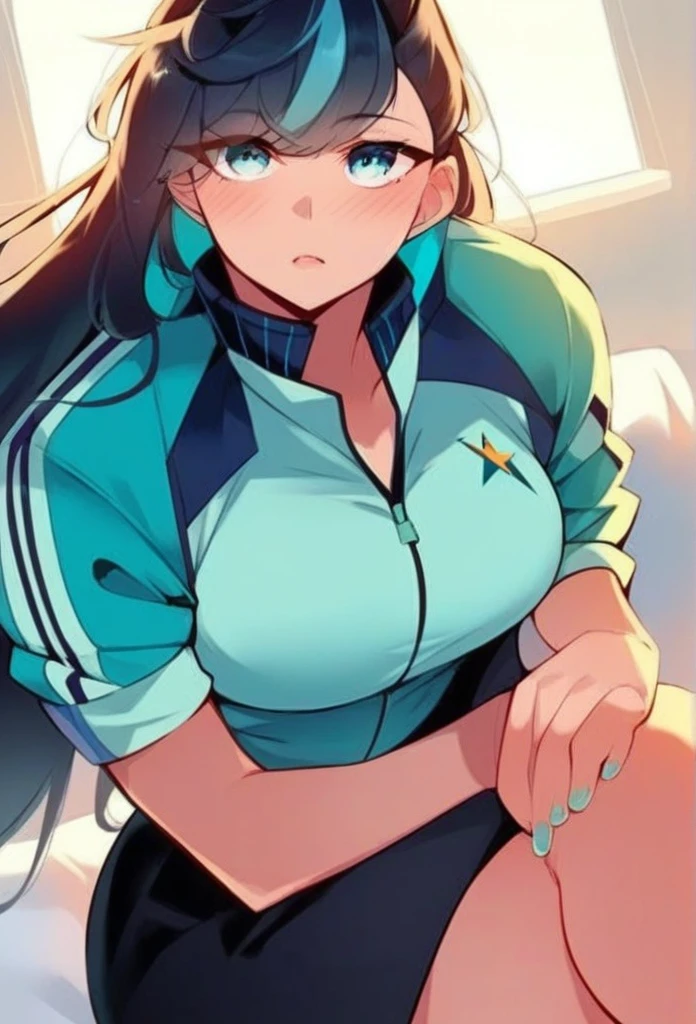 juder_style, score_9, score_8_up, score_7_up, score_6_up, score_5_up, score_4_up, hd, (ultra hd quality details), 8K, 1girl, long hair, Hourglass body, light blue eyes, dark indigo hair, 2d illustration, cyan varsity jacket, black skirt