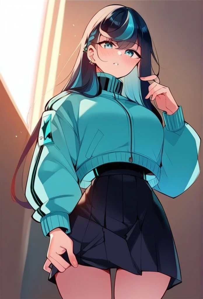 juder_style, score_9, score_8_up, score_7_up, score_6_up, score_5_up, score_4_up, hd, (ultra hd quality details), 8K, 1girl, long hair, Hourglass body, light blue eyes, dark indigo hair, 2d illustration, cyan varsity jacket, black skirt