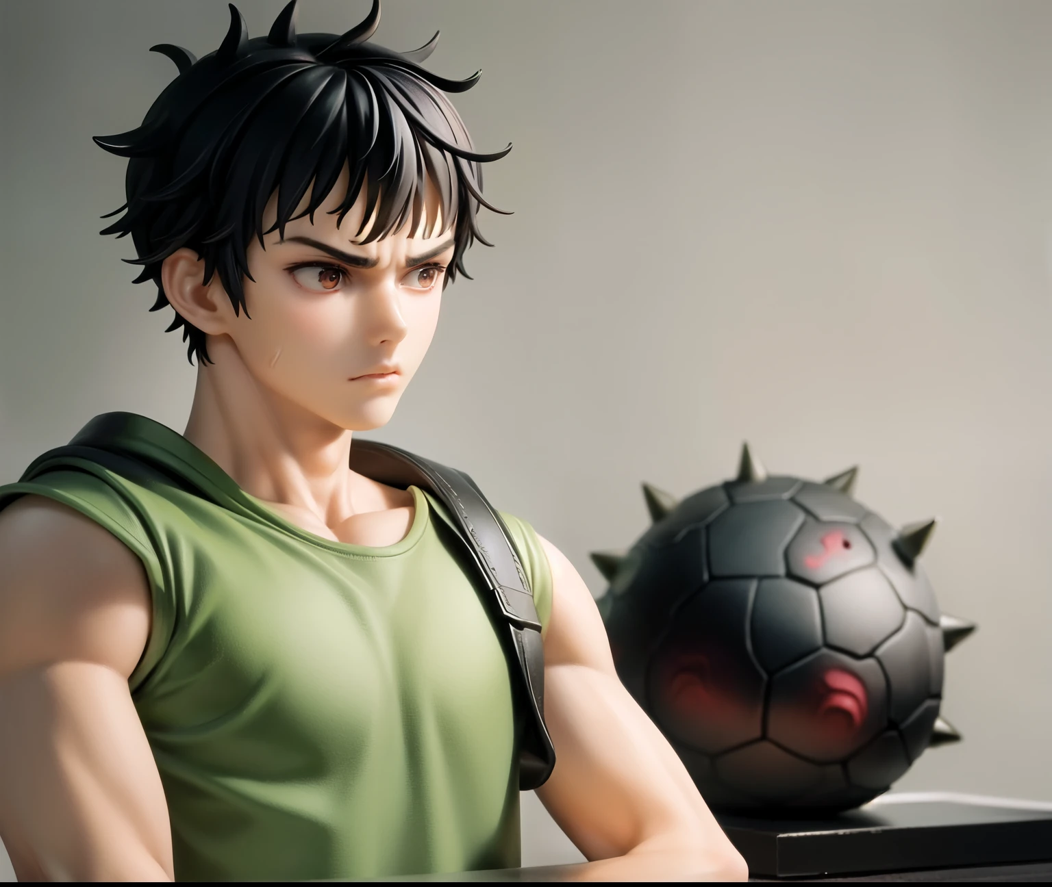 masterpiece, best quality, highly detailed, guts \(berserk\), 1boy spiky black hair, broad shouldered, pouting grumpy expression, front facing camera, wearing a green shirt and arms crossed over chest