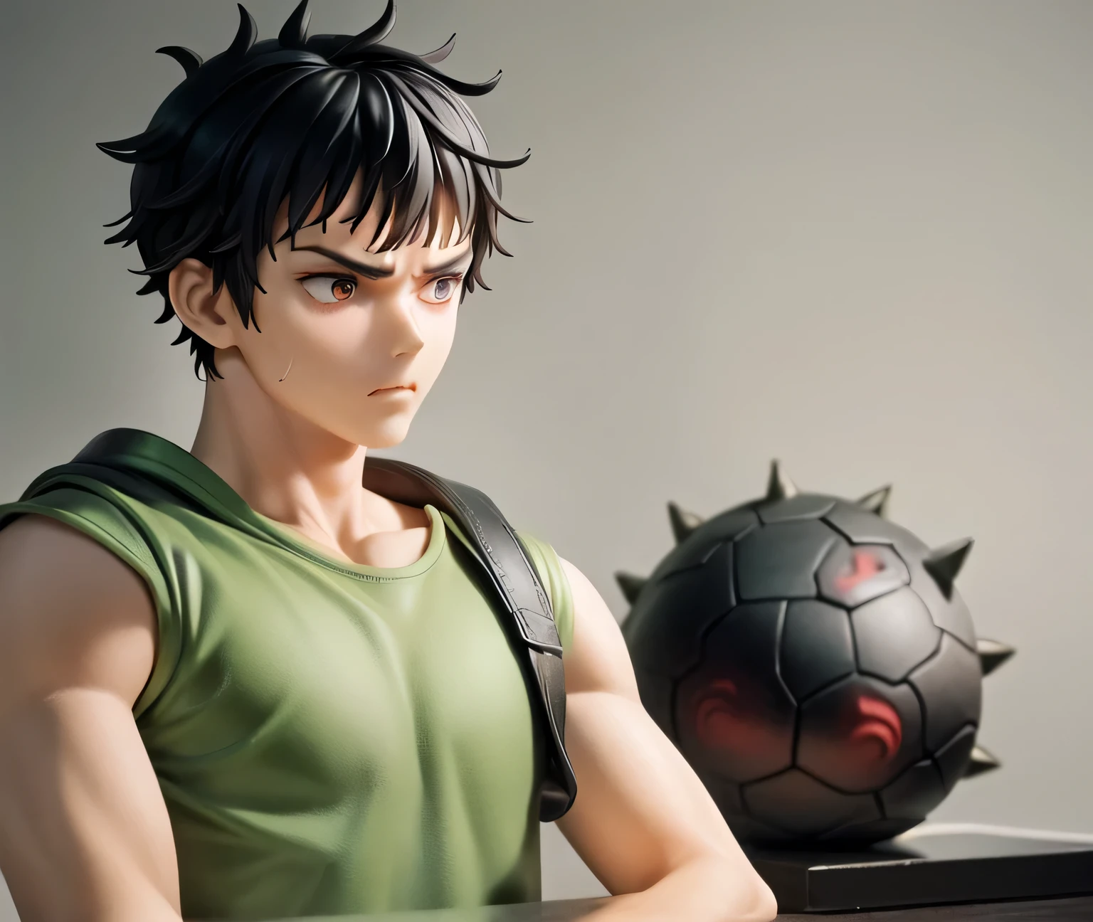 masterpiece, best quality, highly detailed, guts \(berserk\), 1boy spiky black hair, broad shouldered, pouting grumpy expression, front facing camera, wearing a green shirt and arms crossed over chest