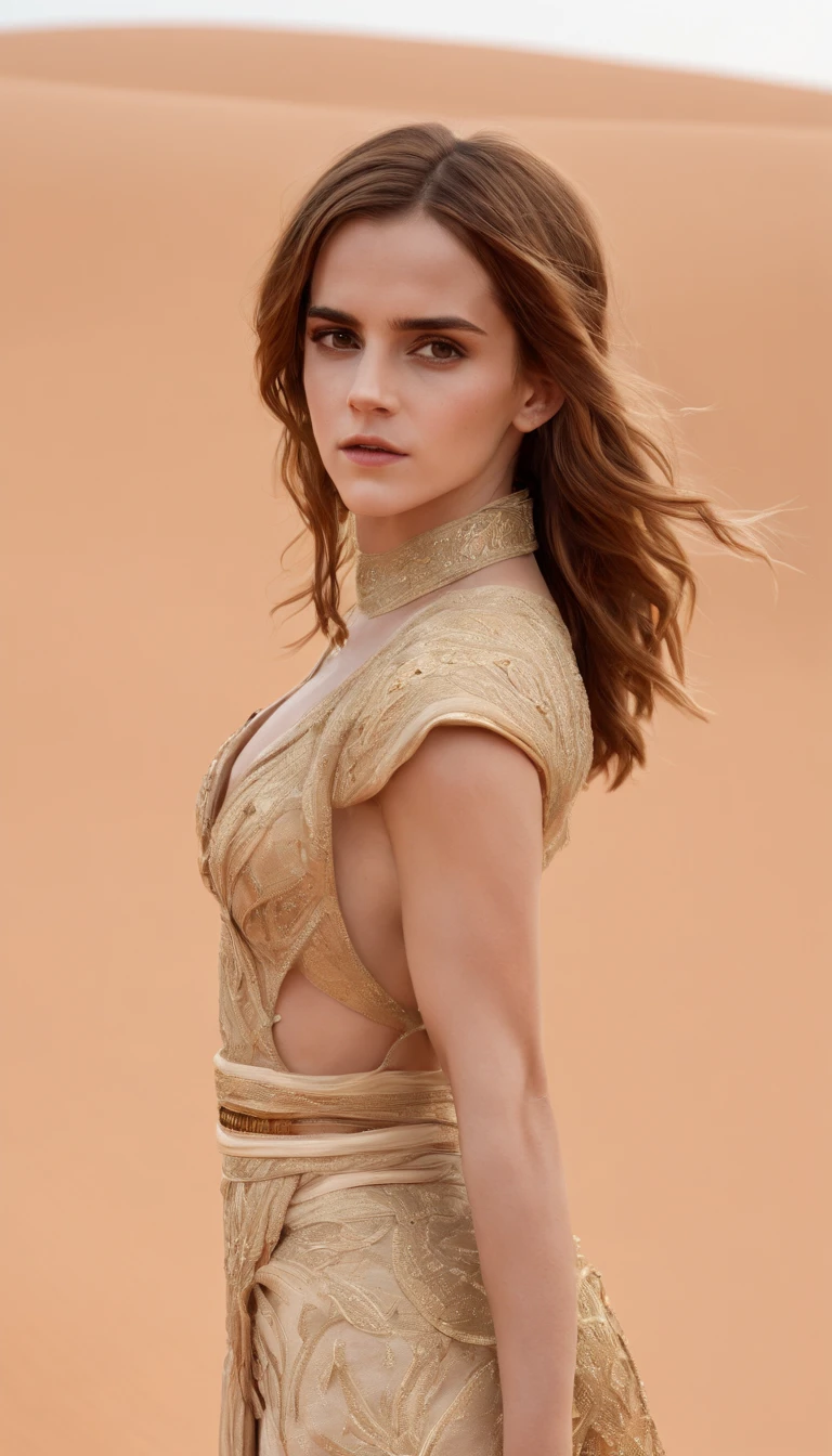 (Emma Watson) long hair, big breasts, sexy body, wearing ancient Egyptian dress sexy slit, sexy cleavage, in the desert