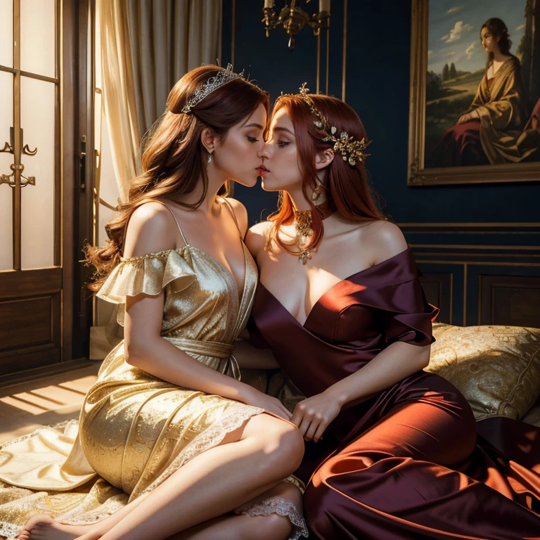 (masterpiece, best quality:1.5), highest quality, High resolution, super detailed, Realists, Upper body photo of red-haired woman, detailed and beautiful eyes, beautiful detailed lips, very detailed eyes and face, longeyelashes, Woman in long evening dress made of shiny satin fabric, Beautiful and colorful makeup, elegant and noble々Pose,shiny satin headband, Grind, holding flowers, Gardens as background, soft daylight, bright colors, fine brushstrokes, Portrait style, Noble details in the dress fabric, beautiful color palette, glowing skin, First-class rendering, that captures every detail, enchanting atmosphere, subtle shadows and lights, (perfect anatomy:1.2), (The two stunning women lie on a blanket and are deeply in love, reach into their crotch and feel the silk fabric1.4), (kiss:1.2), (magnificent panorama view:1.2)