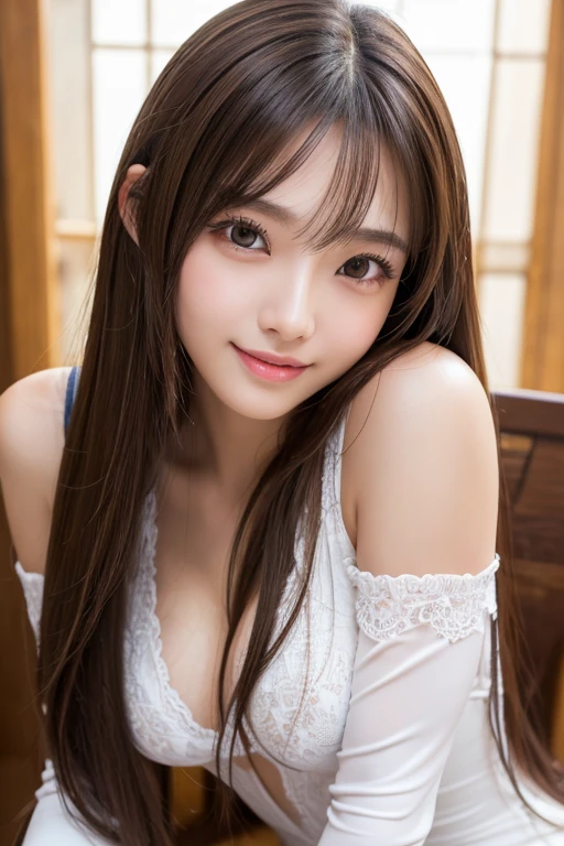 Latex bodysuit、Knee-high boots、Huge 、Long brown hair、Japanese Gravure Idol、Shiny, Oily skin、Glowing Skin、(RAW Photos), (Realistic), (masterpiece), (Highest quality), High resolution, 8k resolution, (Intricate details), (Lightweight and voluminous), Portraiture, woman, Medium Hair, Straight hair, Layered Hair, Brown Hair, 非常に詳細なeye, Very thin eyebrows, Highly detailed skin, Highly detailed mouth, Highly detailed nose, Cute like an idol, smile, ((Thick lips)), ((look into the viewer&#39;eye)), (Shapely breasts), (Cleavage),  (Westshot), Bright cafe terrace background with city view, Randomly oriented objects,