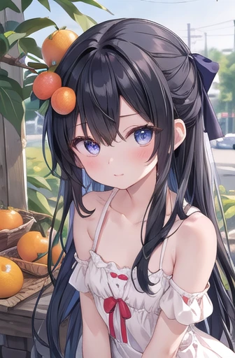 One girl, alone, Close one eye, dress, fruits, Long Hair, food, chest, white dress, blue eyes, View your viewers, blush, leaf, bangs, Exposing shoulders, No sleeve, clavicle, bow, 大きいchest, ribbon, hair ribbon, No sleeve dress, Mouth closed, Blurred, very Long Hair, Black hair Bare arms, orange (fruits), Hair between the eyes, hair bow