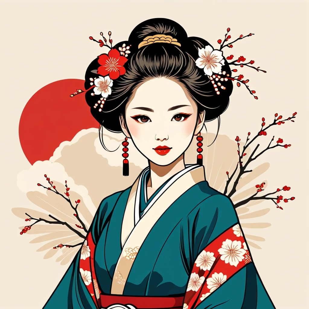 woman in japan folk outfit, vector graphics, strong contours
