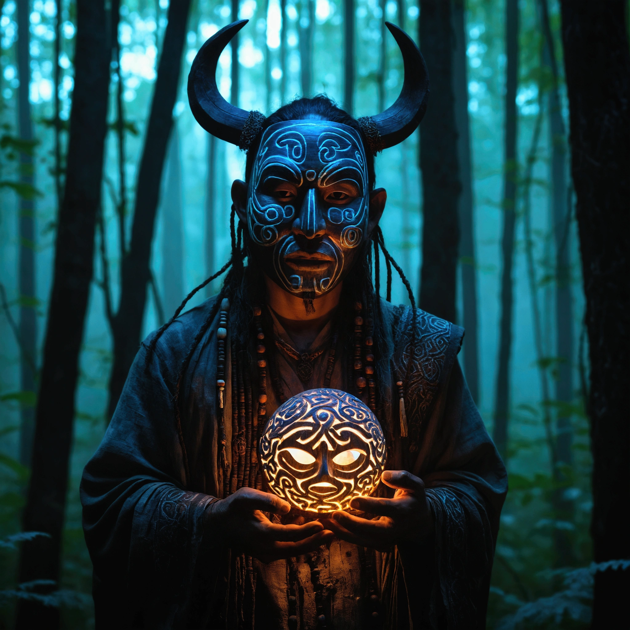 A mystic shaman wearing a mask carved from ancient wood, covered in glowing runes, standing in a dark forest under the full moon, as he channels the spirits of the forest, the mask glowing with ethereal light, cinematic and mystical atmosphere
