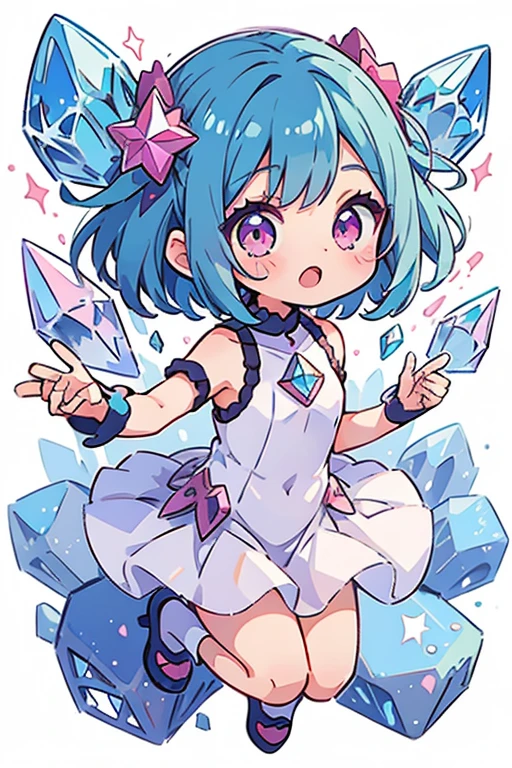 1  girl, anime style, whole body, little, cute, short blue hair, pink eyes, pastel colors, stars, diamonds, white background, dynamic pose, dynamic composition, girl with a crystal, crystal outfit