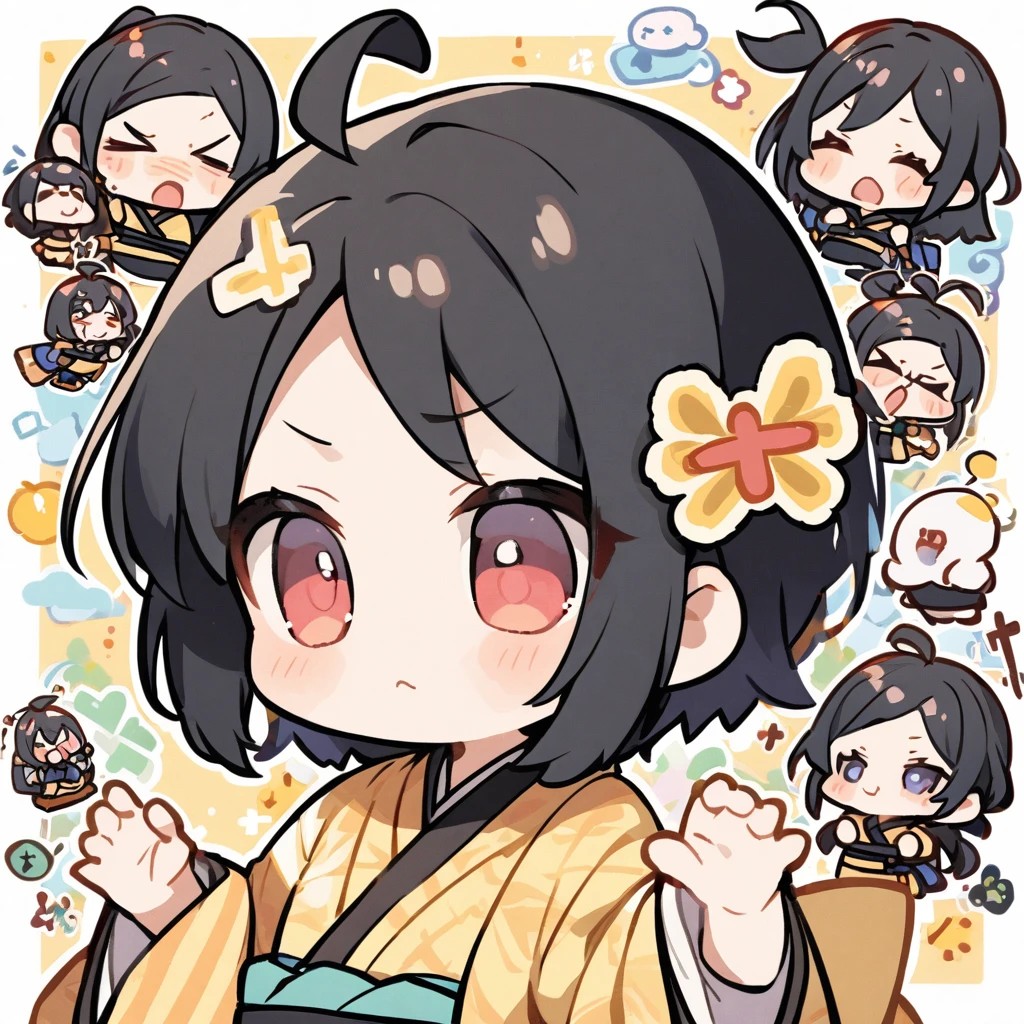 Girl in kimono、Make a cross sign with both hands、Chibi Character、Black Hair、Ahoge、Monyo face