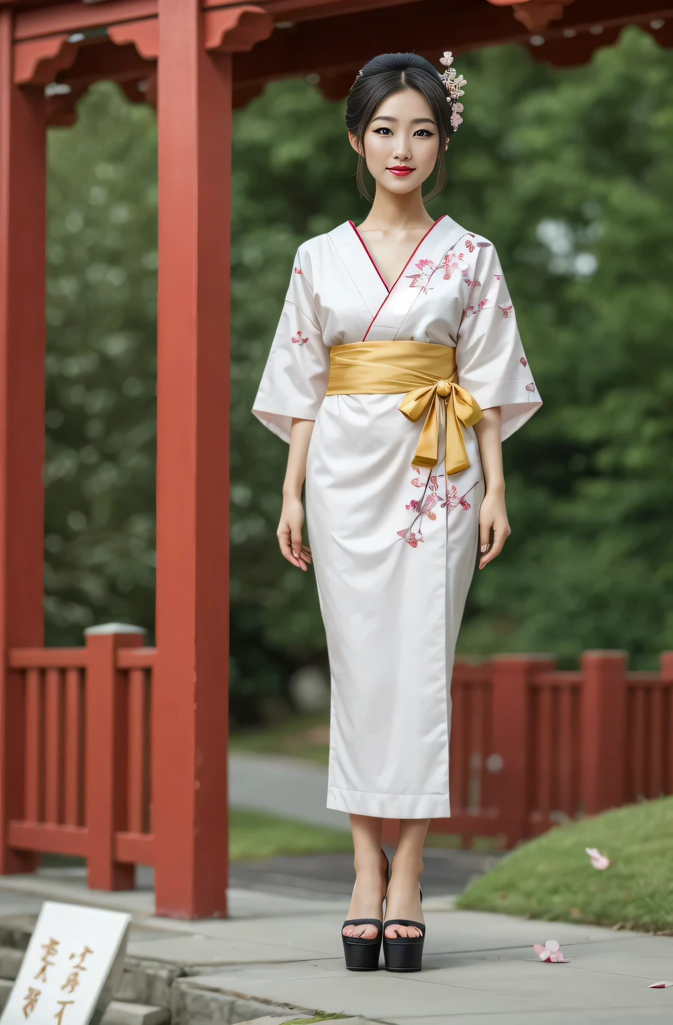 A geisha stands gracefully under the cherry blossoms, There are a lot more, Many red cherry blossom petals fall one after another, White base makeup on girl&#39;s face without any highlight or shadow decoration. All-white makeup covering face and neck. Red lip makeup is a small mouth that is smaller than the normal lip area. Thick eyeliner can emphasize the eye contour, Strengthen eyes, Pupils appear dark and deep. One-line eyebrows are eye-catching without being harsh, And the whole face is clean. Typical Japanese Geisha makeup, Wearing a gorgeous kimono embroidered with black and gold cherry blossoms, This is a long-sleeved kimono, Wearing Japanese clogs, background: under the sunset, Many red cherry blossom petals fall one after another, deep pink and blue, Realistic depiction of light and shadow, Real and exaggerated photos, super high quality, Super detailed details, movie shot, shallow view deep, A geisha stands gracefully under the cherry blossoms, There are a lot mo, blonde hair, seductive smile, Surrealism, Realism, Realism, UHD, retina, masterpiece, accurate, anatomically correct, textured skin, super detail, high details, high quality, award winning, best quality, highres, HD, UHD, retina, masterpiece, accurate, anatomically correct, textured skin, super detail, high details, high quality, award winning, best quality, highres, HD