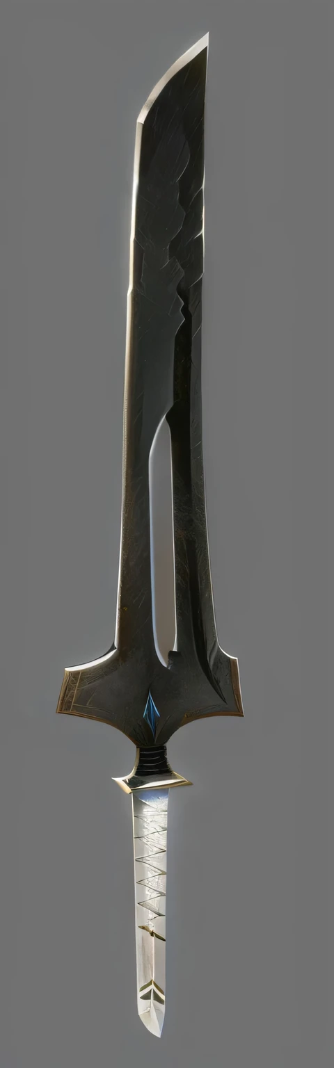 There is a black knife with a white handle on a gray background, raytraced blade, Severe jpg artifacts, Spear, Great Sword, Dwarven weapons, POLEARM, Ultra-high detail, Ultra-high detail, Buster Sword, Great Sword, Armor Sword, [ Metal ], Severe jpg artifacts blurry, Glagolitic, Basic steel sword，3D Character Art，Ashe，2。5 D CGI Anime Fantasy Artwork，CGScosiety，Close-up characters，As seen on the Art Station