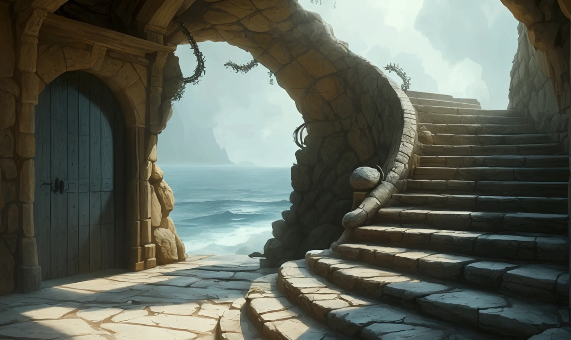 I want a scene of an old staircase, with the seas around this staircase made of stone, At the end of the stairs there is a refined wooden door, a little worn and written "Base kirai kinitsu de nume 06". captured in an ultra-realistic full HD 4K portrait, detailed texture showing its menacing shape, Immersive atmosphere, high definition shadow play, digitalpainting, nevoa no environment. suspense dinner. Poor lighting in the environment. Underground scene.