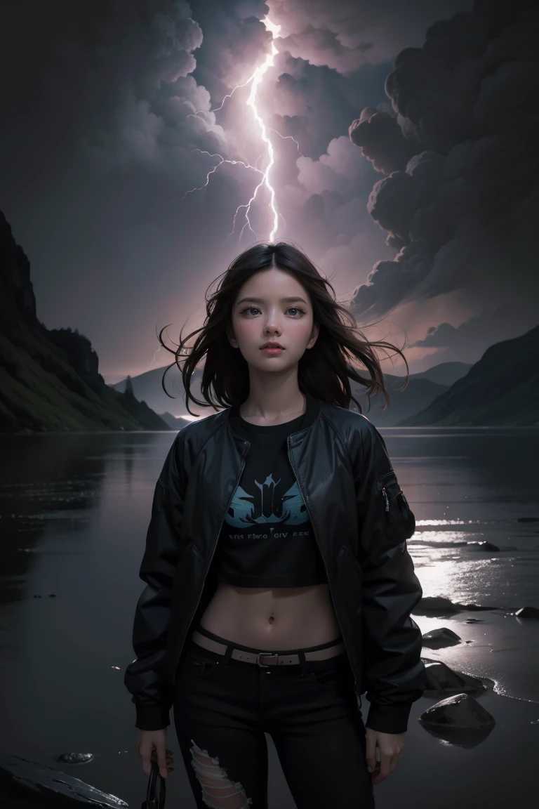 (masterpiece), cartoon, best quality,(photo_(medium):1.0), by Antonio J. Manzanedo, by Jeremy Lipking, lightning, in a surreal landscape, painting style with watercolor, Brushstrokes, black eyes,colorful,vibrant colors,1girl