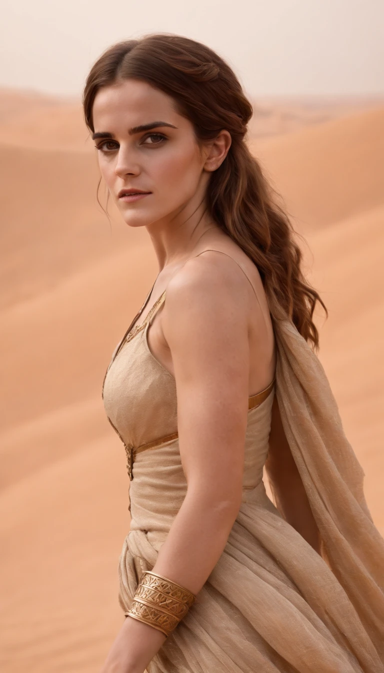 (Emma Watson) long hair, big breasts, sexy body, wearing ancient Egyptian dress sexy slit, sexy cleavage, in the desert