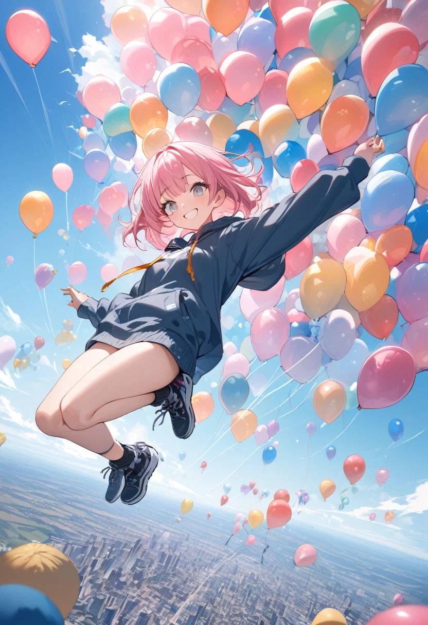 masterpiece, best quality,absurdres ,too many balloon,floating,flying,sky,18-year-old、Pink Hair、Shortcuts、Fair skin、bangs、Grey Eyes、Smile、Dynamic Angle、Full Body、Jumping、Clear skies、Short length hoodie