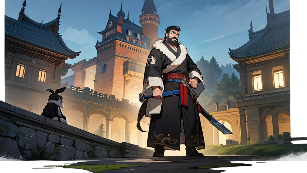 In the background is an old castle at night。There is a bearded warrior with a big sword.。Next to him are two animals, a rabbit and a panda.。