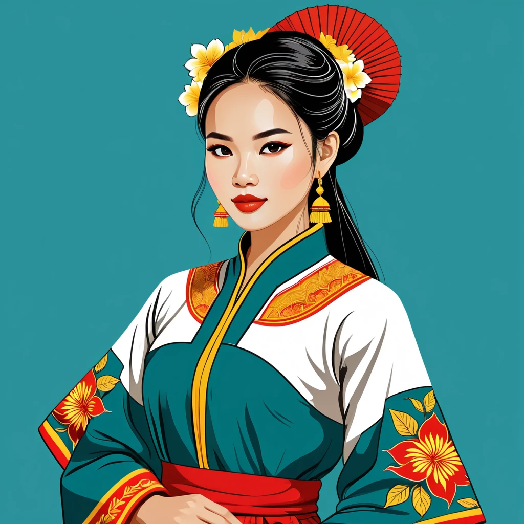 woman in vietnam folk outfit, vector graphics, strong contours
