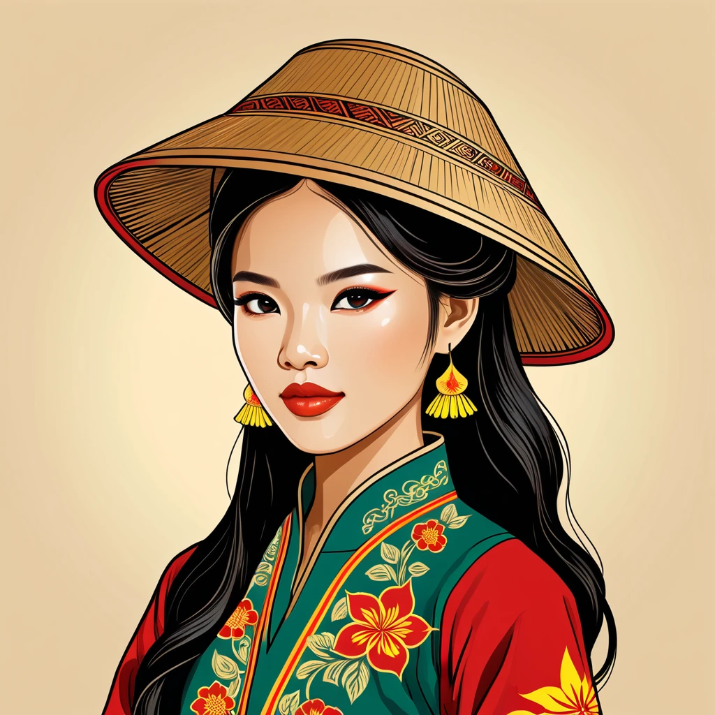 woman in vietnam folk outfit, vector graphics, strong contours
