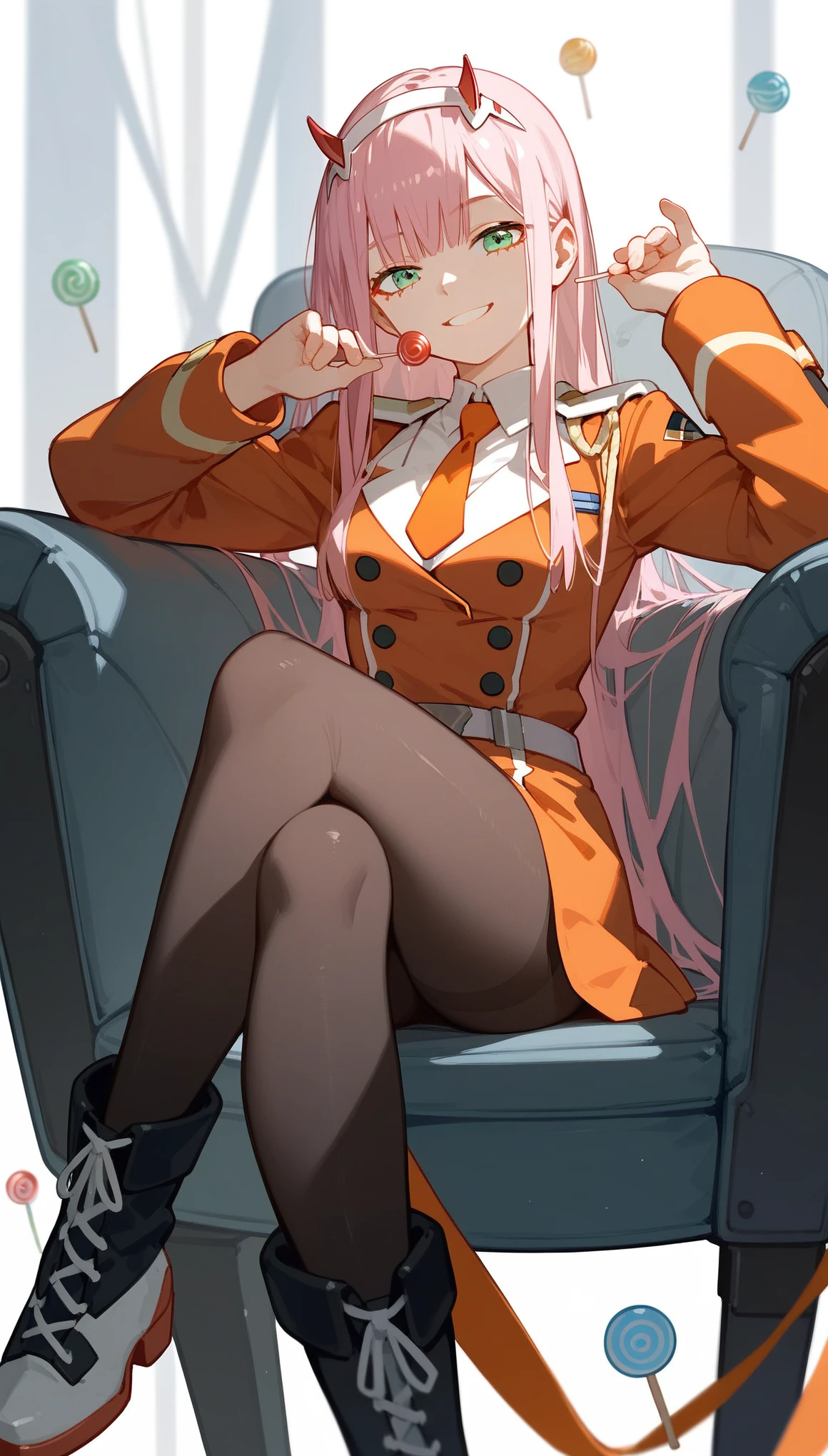 score_9,score_8_up,score_7_up,score_6_up,score_5_up,score_4_up,
masterpiece, best qualityï¼ 1girl, zero_two_\(darling_in_the_franxx\), long_hair, solo, pink_hair, lollipop, candy, pantyhose, horns, food, green_eyes, hairband, smile, white_hairband, black_pantyhose, crossed_legs, looking_at_viewer, boots, sitting, holding, uniform, holding_candy, white_footwear, necktie, bangs, holding_food, military_uniform, military, short_necktie, holding_lollipop, very_long_hair, invisible_chair, orange_necktie, long_sleeves, grin
 