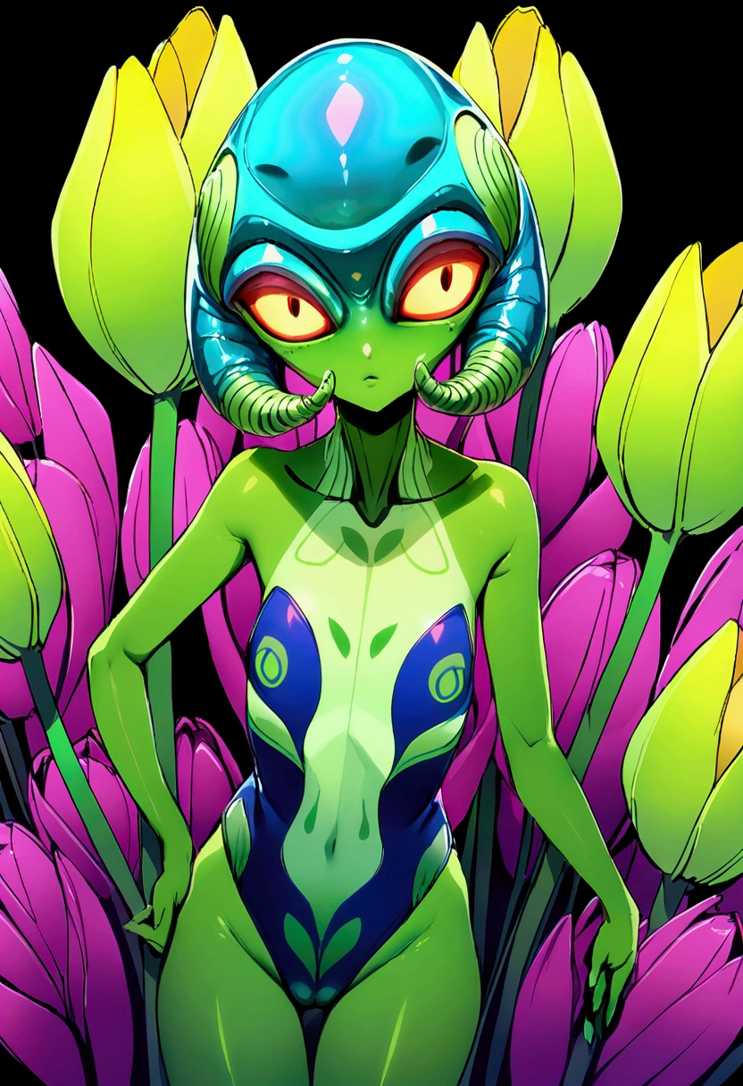 tulip alien with tulip printed dresses, green skin