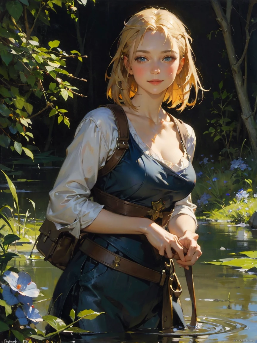 art by (Carl Larsson:1.2),(post-Impressionist),,((oil painting)),soft lighting,COOL,cammy sf6, 1girl,solo,blonde hair, short hair,blue eyes, large breast, scar on cheek , face,nose blush,(half-closed eyes),detailed eyes,looking at viewer,(smile:1.3),bigass bighip、FUCK FUCKOFF SEXY zoom up a girl,vine_whip,the surface of the water,FAIRY KNIGHT LANCELOT (FATE),(the distant forest:0.8),mystyhw,secluded,outdoors,skeletons of giant creatures,swamp,moonlight,facing left,night,light blue flowers,standing_on_liquid,, (style of Jon Foster:0.2),(style of Alex Russell Flint:0.2),(style of Bob Eggleton:0.2),(style of Pino Daeni:0.2),BREAK (oil painting:1.2),(oil painting style),illustration,Fantasy Art,mystique,visual impact,incredible details