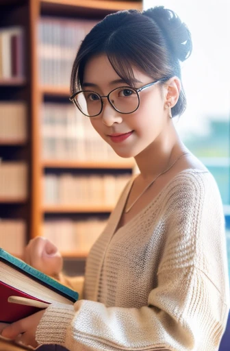 (8k, RAW photo, best quality, masterpiece), (photo realistic), outstanding details, ultra-high resolution, anatomically correct, textured skin, (Extremely precise and accurate anatomy),
Ultra Detailed Face, Detailed Eyes,
(( Medium shot:1.4)),
A cute 35 year old Japanese girl, (Carrying a few books in the library), (no makeup:1.4),
(looking at viewer:1.4),
(light smile:0.3), (Mouth slightly open:0.1),
(chignon:1.4), low chignon, (Small nose:1.2) , (small mouth:1.2),
(Ultra Detailed Rimless small glasses), pupils sparkling, thin lips, thin eyebrows,
dark brown hair, Forehead,
Earrings,
(white simple summer sweater:1.2),
Necklace, ID tag,
(simple cotton flared skirt , Light brown and long length skirt),
(background Spacious library interior, many bookshelves),
(backlighting),
reflection light from below,
atmospheric perspective, depth of field,
(dramatic lighting), cinematic lighting,