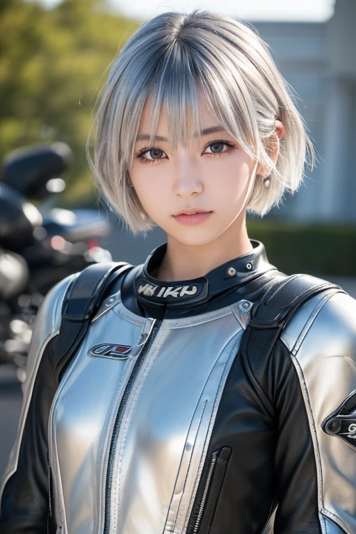 (8k, Photorealistic, Raw photo, Highest quality: 1.4),Japanese idol-style beautiful girl,1 person,18-year-old,(Short Bob),(Silver Hair),Clear grey eyes,Long eyelashes,(piercings(small)),Rider Suit,(The future of large motorcycles(Akira,American type)Riding)