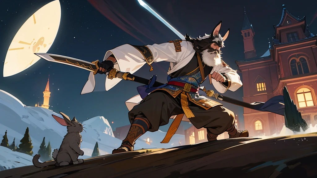 In the background is an old castle at night。There is a bearded warrior with a big sword.。Next to him is an animal called a rabbit.、There is one animal, a cat.。
