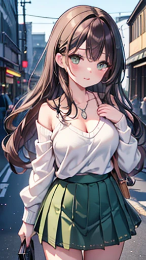 ((Tabletop, Highest quality, High resolution, Hmph, Pixel perfect, Depth of written boundary, 4K, Hmph, Hmph))), One Girl, single, alone, Beautiful Anime Girls, Beautiful art style, Anime characters, 24-years-old, ((Long Hair, bangs, Dark brown hair, Curly Hair:1.2, hairpin)), ((Detailed face, blush:1.2)), ((Green Eyes:1.8, Glitter effect, Fine eyelashes)), ((Smooth texture:0.75, Realistic texture:0.5, Anime CG style)), ((Medium chest, Cleavage:0.95)), Dynamic Angle, Big Breasts, Perfect body, ((close, throw, Portraiture, Hold your face)), ((White sweater, skirt:1.5, skirtの折り目, プリーツskirtスタイル, Silver Necklace)), ((Visible Good strap, Good strap)), night, night間照明, Bokeh:1.4, (Plein Air, City Buildings, A large number of people), (Fashionable, Handbags)