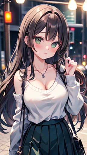 ((Tabletop, Highest quality, High resolution, Hmph, Pixel perfect, Depth of written boundary, 4K, Hmph, Hmph))), One Girl, single, alone, Beautiful Anime Girls, Beautiful art style, Anime characters, 24-years-old, ((Long Hair, bangs, Dark brown hair, Curly Hair:1.2, hairpin)), ((Detailed face, blush:1.2)), ((Green Eyes:1.8, Glitter effect, Fine eyelashes)), ((Smooth texture:0.75, Realistic texture:0.5, Anime CG style)), ((Medium chest, Cleavage:0.95)), Dynamic Angle, Big Breasts, Perfect body, ((close, throw, Portraiture, Hold your face)), ((White sweater, skirt:1.5, skirtの折り目, プリーツskirtスタイル, Silver Necklace)), ((Visible Good strap, Good strap)), night, night間照明, Bokeh:1.4, (Plein Air, City Buildings, A large number of people), (Fashionable, Handbags)