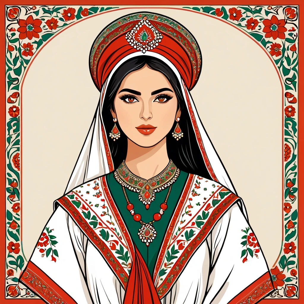 woman in iran folk outfit, vector graphics, strong contours
