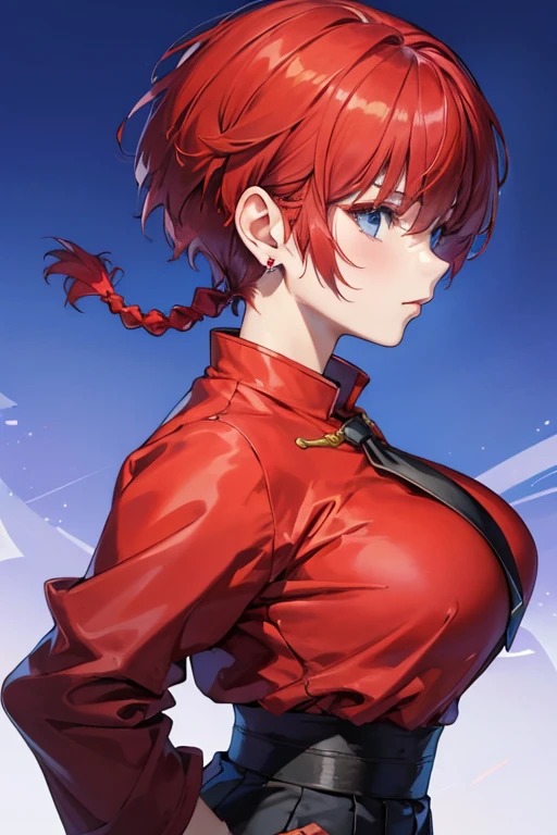 ((masterpiece)), high quality, very_high_resolution, large_filesize, full color, heavy outline, clear outline, colorful, (beautiful detailed eyes), (beautiful face:1.3), (boyish face:1.3), 1 girl, (femaleranma), (red hair), short hair, (braided ponytail), ((bangs)), bumpy bangs, blue-gray eyes, big breasts, curvy, femaleranma, braided ponytail, (red chinese clothes), sleeveless, tangzhuang, black pants, cameltoe, standing, upper body, ((from side:1.4)), ((portrait:1.8)), ((face focus:1.4)),(masterpiece, best quality:1.2), bazett, fgo, 1girl, solo, short hair, red hair, bangs, red eyes,  large breasts, black gloves, formal suit, necktie, jacket, upper body, earrings, 