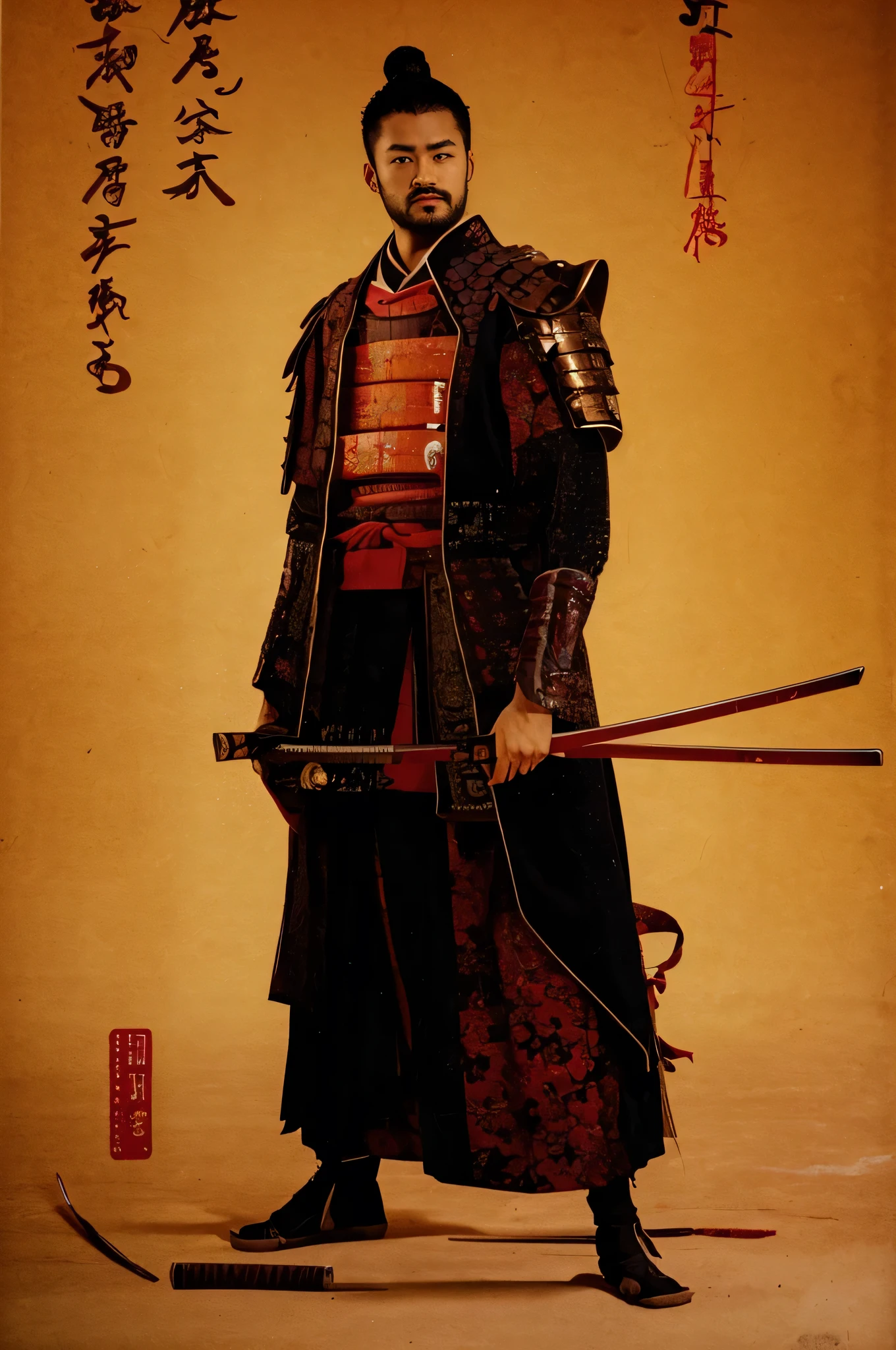 Japanese samurai, Japanese man, Japanese armor, katana, black hair, athletic build, Realism, UHD, retina, masterpiece, accurate, anatomically correct, textured skin, super detail, high details, high quality, award winning, best quality, highres