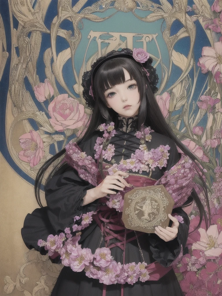 (masterpiece, Highest品質, Highest, Official Art, beautifully、aesthetic:1.2), One girl, (Pop Art:1.4), (Tangled, Flower effect:1.2), (Art Nouveau:1.1),(Gothic Lolita:1.3)