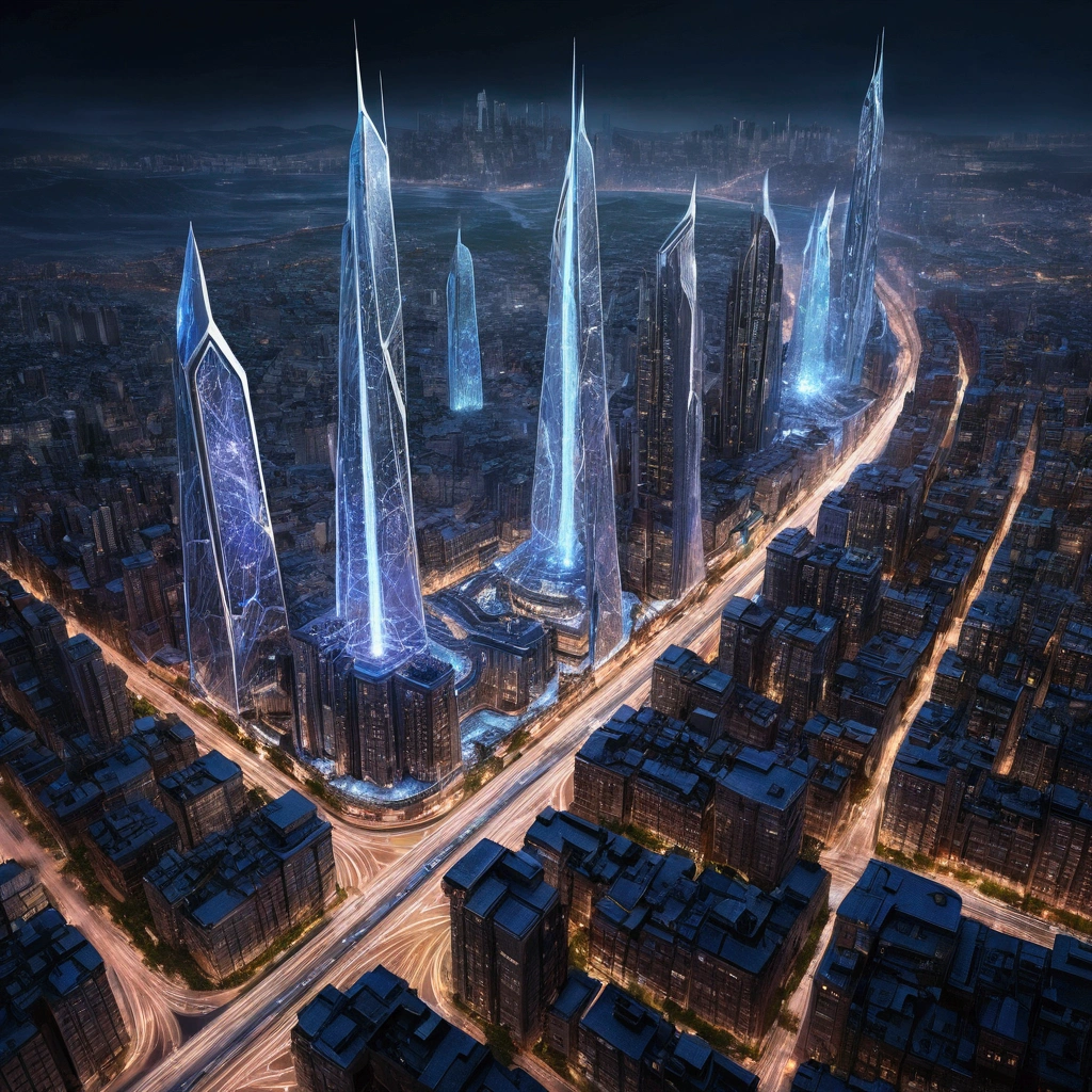 A crystalline base at the heart of a massive city, with energy conduits spreading out like veins, connecting every building and street, the base pulsating with a soft, steady light, symbolizing the heartbeat of the metropolis, cinematic and futuristic atmosphere