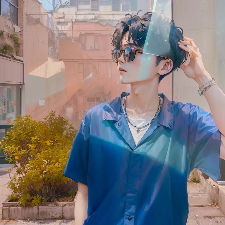 there is a man that is standing in front of a building, cai xukun, hyung tae, lo fi, inspired by Chen Daofu, male ulzzang, inspired by Zhang Han, lofi artstyle, lofi portrait at a window, inspired by Yanjun Cheng, with sunglass, lo - fi, lo-fi, jinyoung shin, lofi