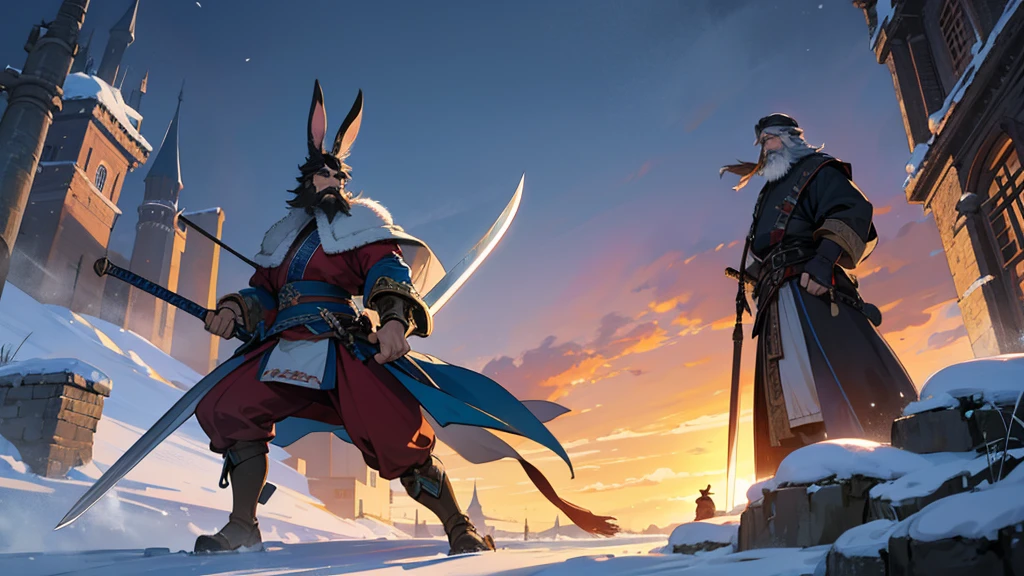 In the background is an old castle at night。There is a bearded warrior with a big sword.。Sideways1Animal Rabbit。1There are 2 animals: cats。