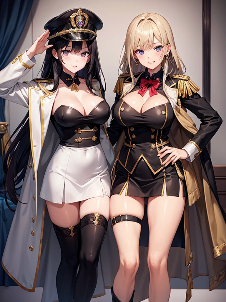 Multiple Girls, Group photo, Five Girls, Are standing, (salute), Gold earrings, Large Breasts, jewelry, military cap, (uniform), (epaulet), Jacket, Harness, Thigh straps, White thigh-high boots, (Layered skirt), mini skirt, corruption, Hollow Eyes, Half-closed eyes, Wicked Smile, No students, Grin, One girl, ((Mature Woman)), Mature Woman, Married women, Dark Theme, Dark person, Skin Dentition, Wide Hips, software