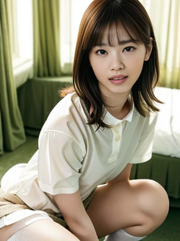 (Masterpiece, Best quality: 1.4), (Ultra realistic, Photo-realistic: 1.2), (From above: 1.2), From side, Sitting, Looking at viewer, Natural light, 28 years old actress, Japanese women, Neat and clean, ((Wearing white tennis uniform, White short-sleeve polo shirt with collar, Not buttoning the polo shirt, White skirt: 1.2)), (Short wavy hair: 1.2), Light brown hair color, (Beautiful Face), Oval face, clear, (Beautiful eyes, Kind eyes), (Clear skin), Small face, (Small mouth, Beautiful mouth), Natural makeup, (Wearing white socks: 1.1), Approachable, Luxury hotel Suite room, Seductive smile, (Seductive pose: 1.4), Beautiful thighs, (Bedroom eyes: 1.1), Embarrassed, blush